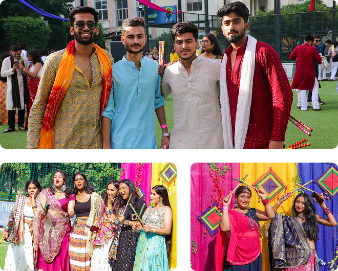 Dandiya dancing couple illustration and students celebrating Dandiya Night